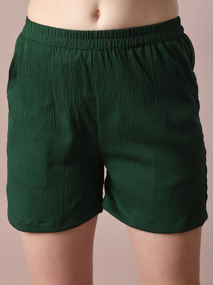 Women's  Green Solid Shirt Collar Party Shirt With Shorts Co-Ord Set