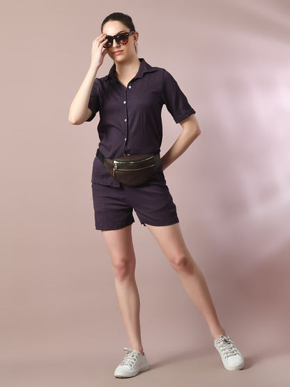 Women's  Violet Solid Shirt Collar Party Shirt With Shorts Co-Ord Set