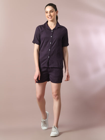 Women's  Violet Solid Shirt Collar Party Shirt With Shorts Co-Ord Set