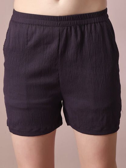 Women's  Violet Solid Shirt Collar Party Shirt With Shorts Co-Ord Set