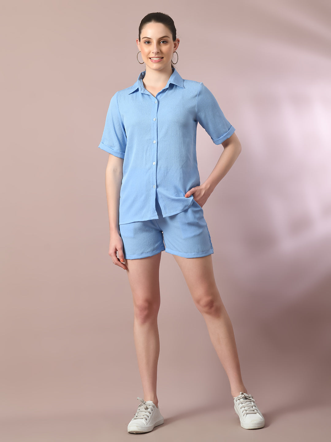 Women's  Blue Solid Shirt Collar Party Shirt With Shorts Co-Ord Set