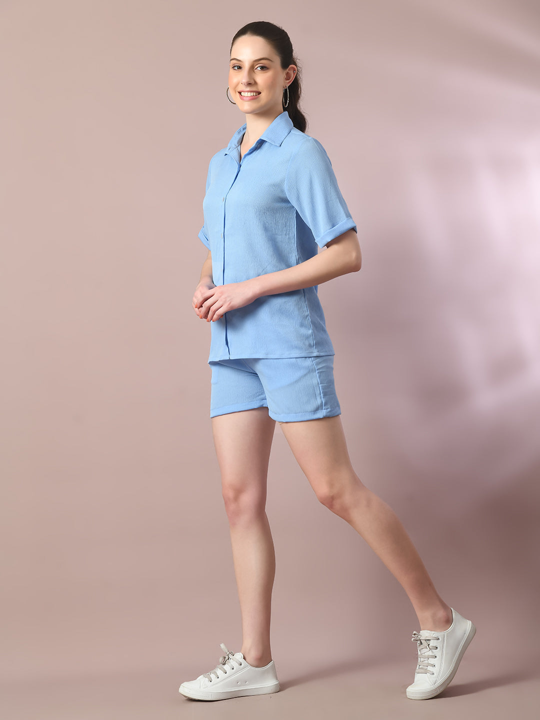 Women's  Blue Solid Shirt Collar Party Shirt With Shorts Co-Ord Set