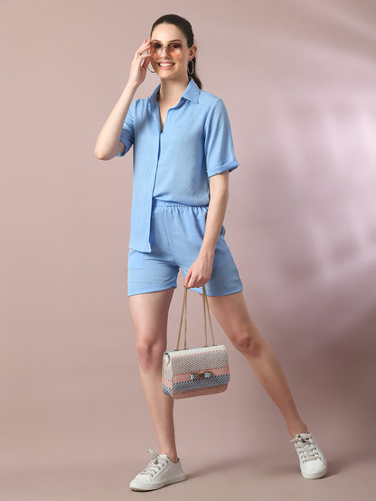Women's  Blue Solid Shirt Collar Party Shirt With Shorts Co-Ord Set