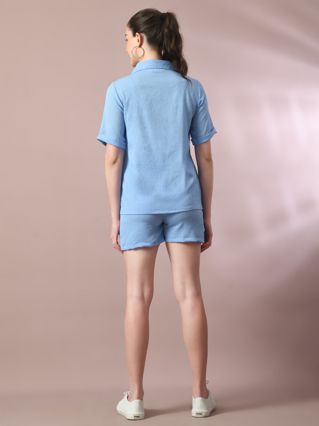 Women's  Blue Solid Shirt Collar Party Shirt With Shorts Co-Ord Set