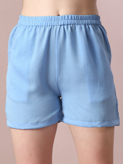 Women's  Blue Solid Shirt Collar Party Shirt With Shorts Co-Ord Set