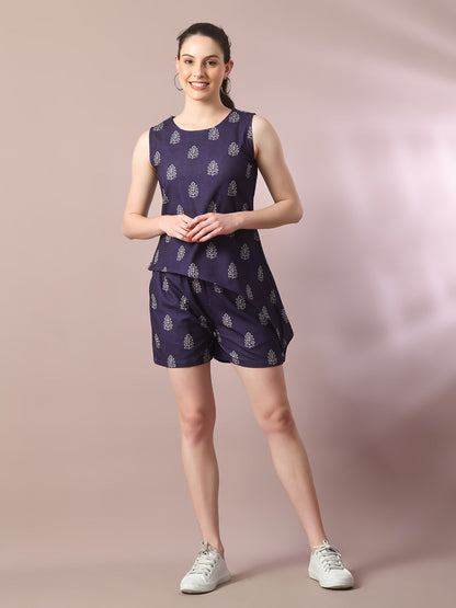 Women's  Blue Printed Round Neck Party Top With Shorts Co-Ord Set