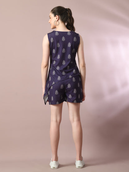 Women's  Blue Printed Round Neck Party Top With Shorts Co-Ord Set