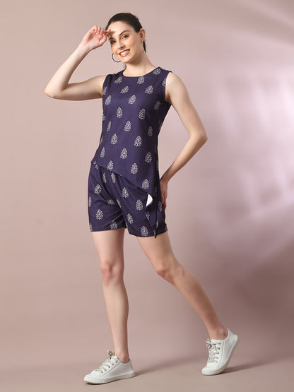 Women's  Blue Printed Round Neck Party Top With Shorts Co-Ord Set