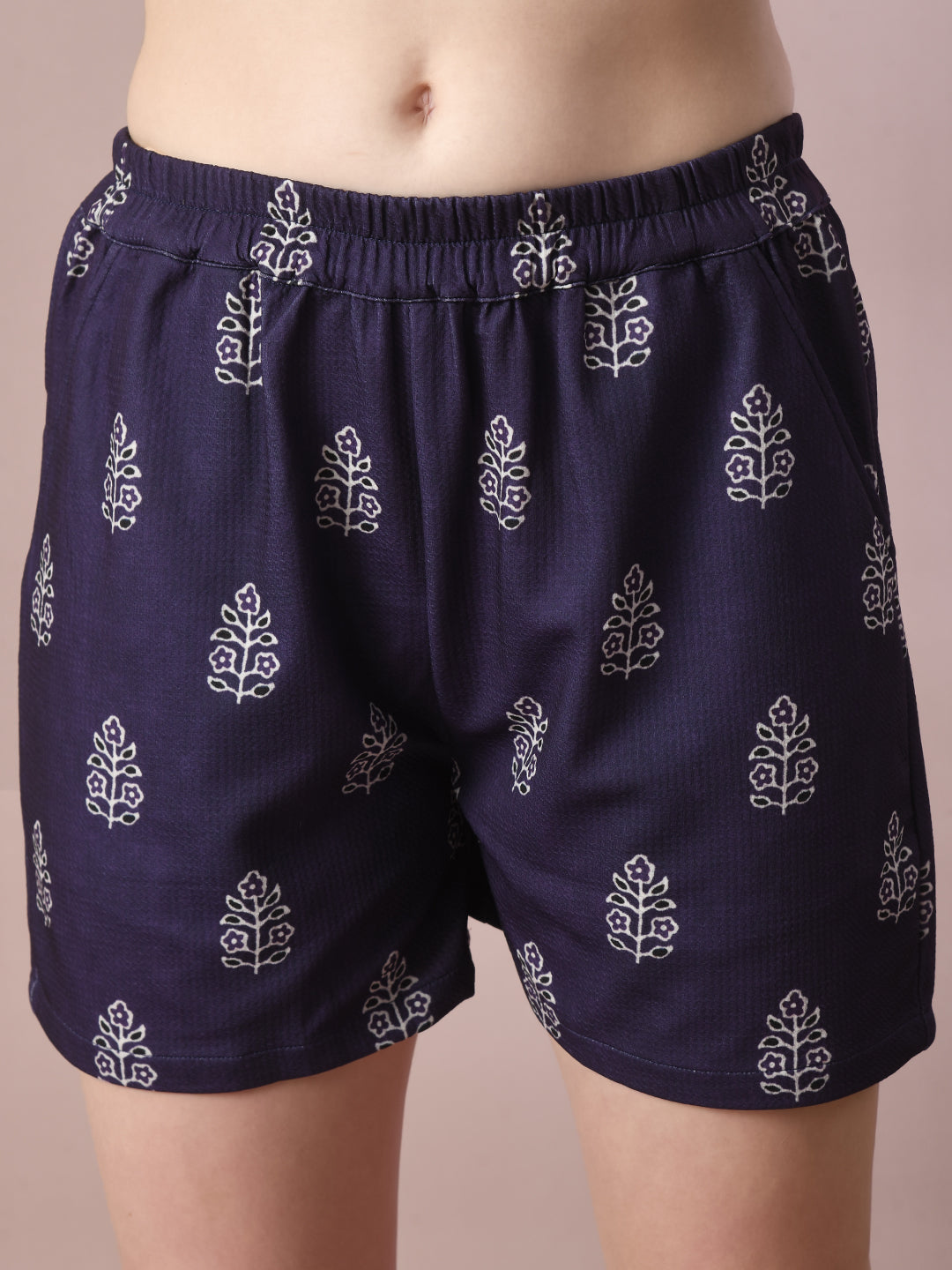 Women's  Blue Printed Round Neck Party Top With Shorts Co-Ord Set