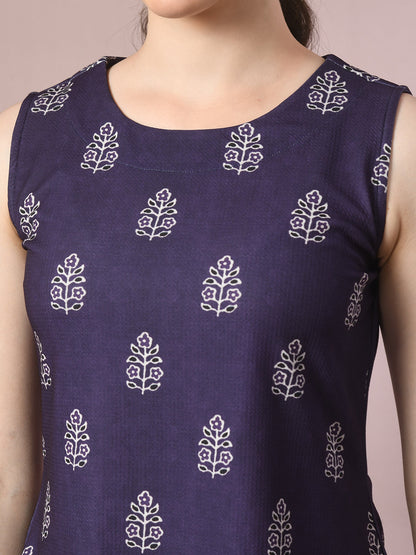 Women's  Blue Printed Round Neck Party Top With Shorts Co-Ord Set