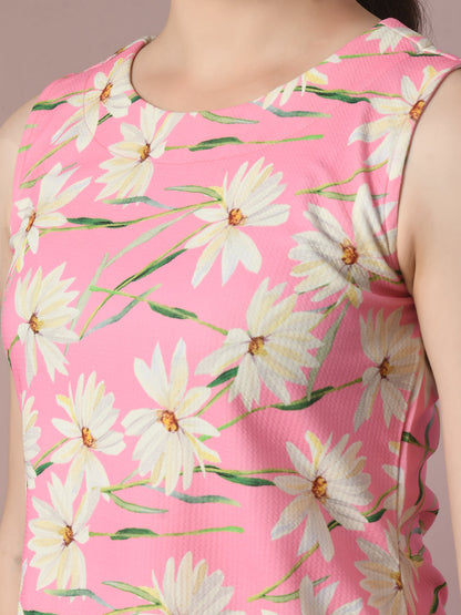 Women's  Pink Printed Round Neck Party Top With Shorts Co-Ord Set