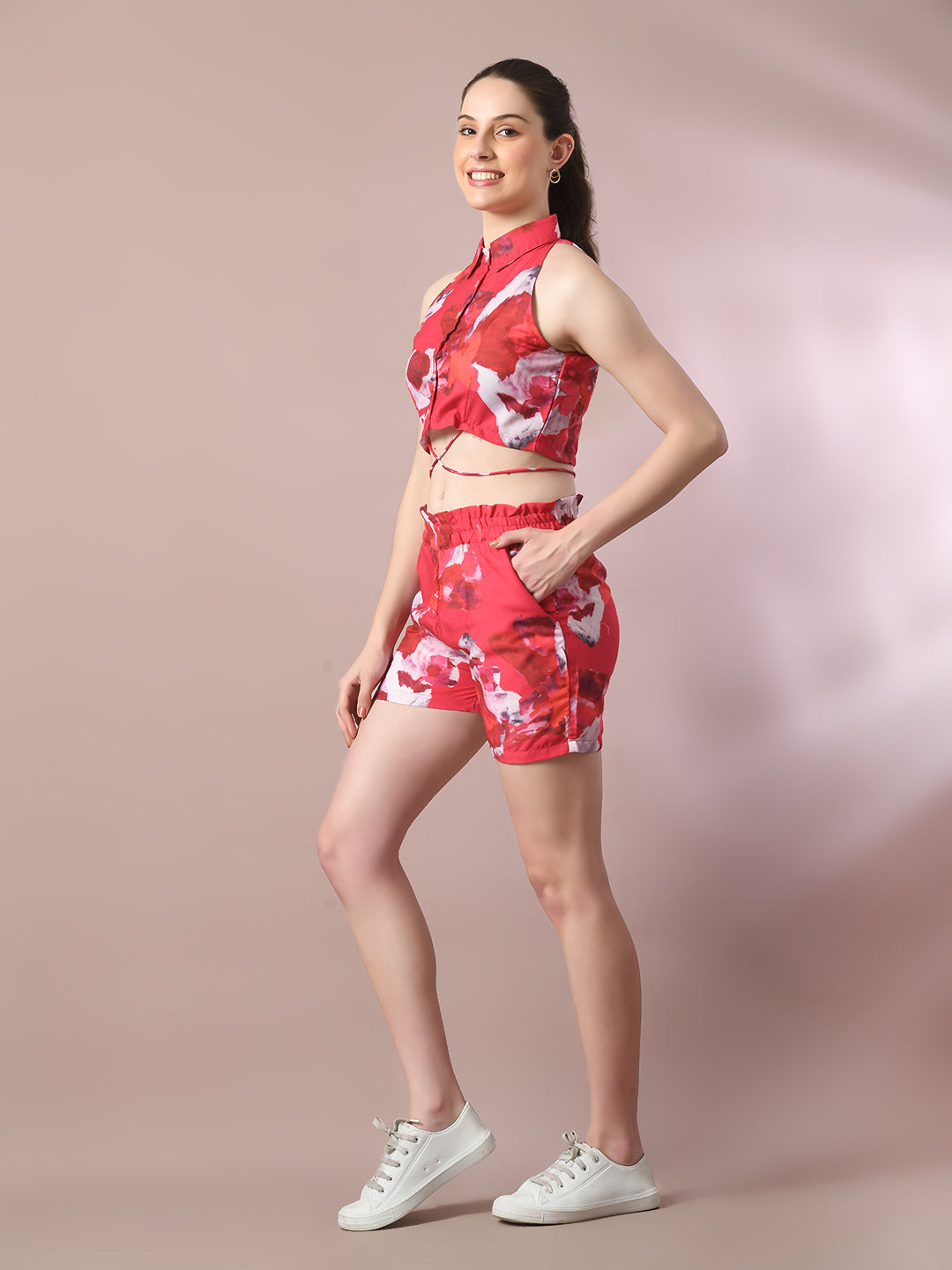 Women's  Multi Printed Shirt Collar Party Top With Shorts Co-Ord Set