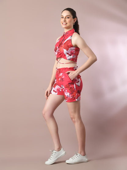 Women's  Multi Printed Shirt Collar Party Top With Shorts Co-Ord Set