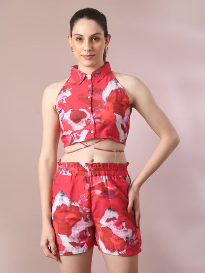 Women's  Multi Printed Shirt Collar Party Top With Shorts Co-Ord Set