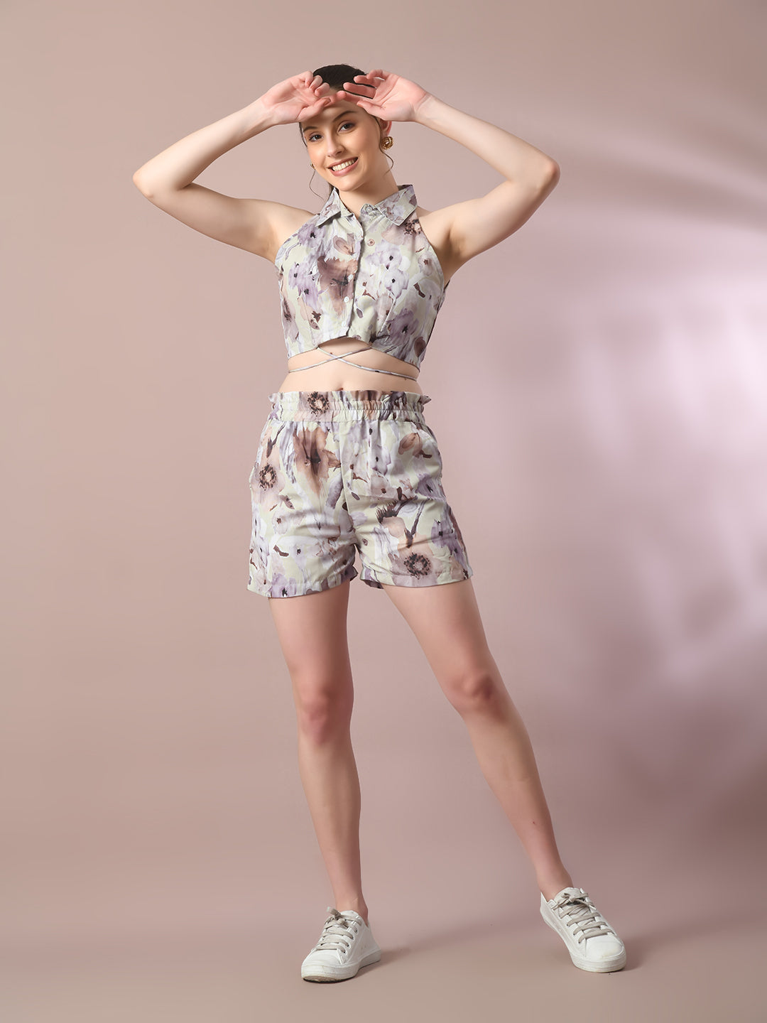 Women's  Multi Printed Shirt Collar Party Top With Shorts Co-Ord Set