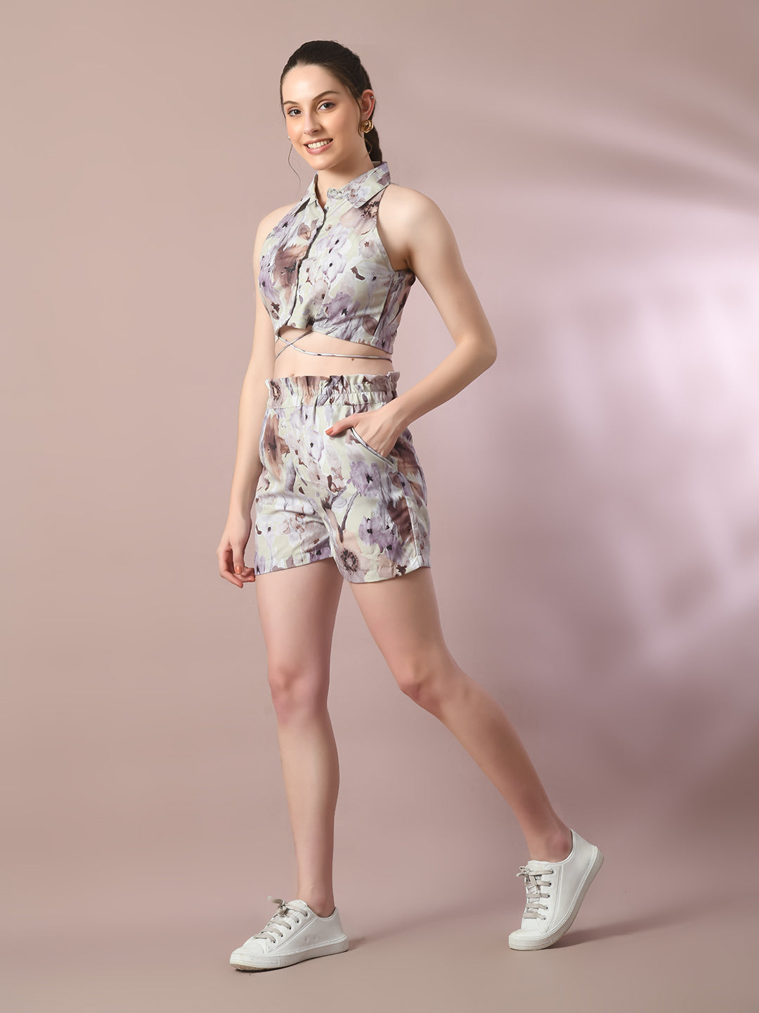 Women's  Multi Printed Shirt Collar Party Top With Shorts Co-Ord Set