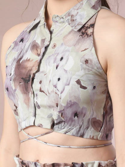 Women's  Multi Printed Shirt Collar Party Top With Shorts Co-Ord Set