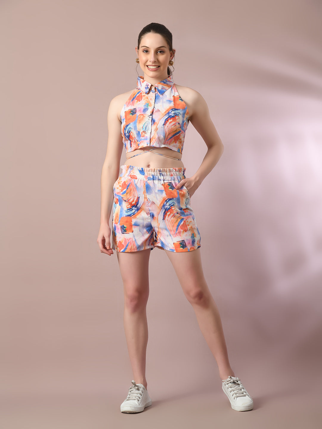 Women's  Multi Printed Shirt Collar Party Top With Shorts Co-Ord Set