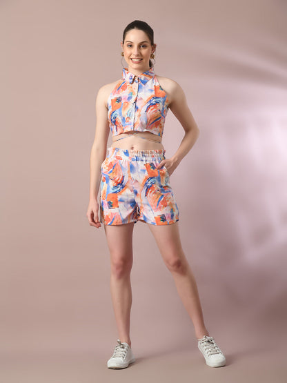 Women's  Multi Printed Shirt Collar Party Top With Shorts Co-Ord Set