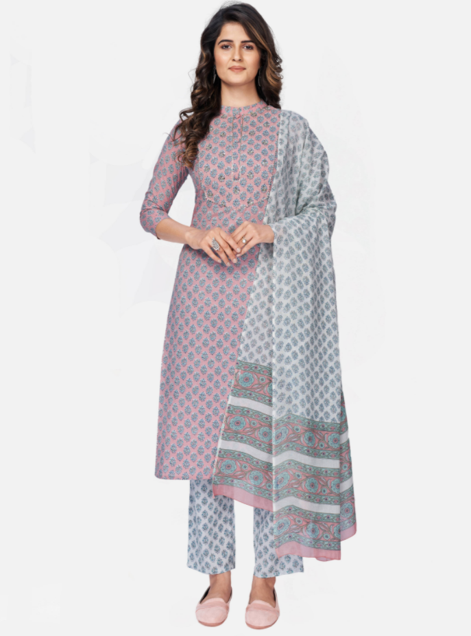 Women's Light Pink Cotton Kurta With Pant & Dupatta By Vbuyz (3
