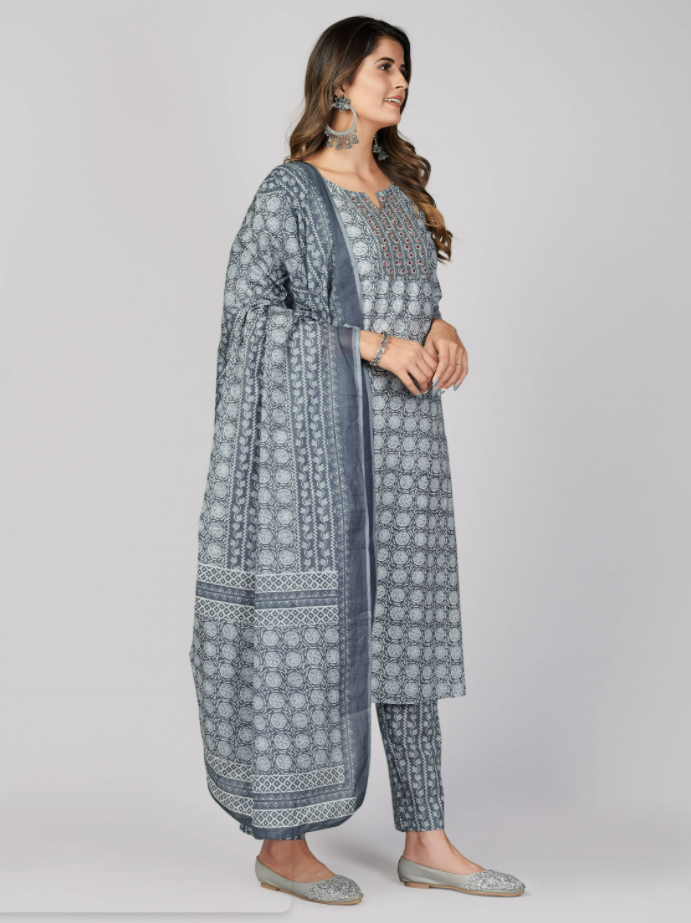 Women's Printed & Embellished & Mirror Work Straight Cotton Grey Stitched Kurta Pant With Dupatta (3Pcs Set)