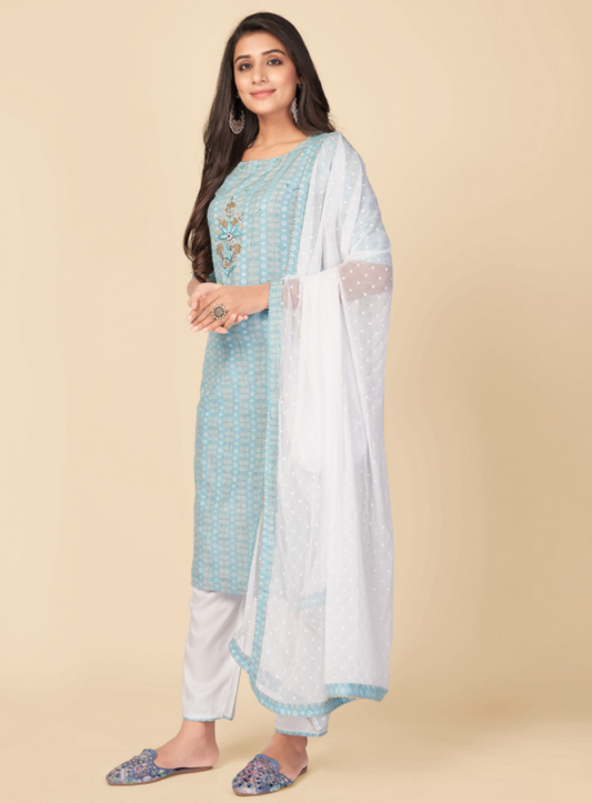 Women's Printed & Hand Work Straight Cotton Sky Blue Kurta Pant With Dupatta (3Pcs Set)