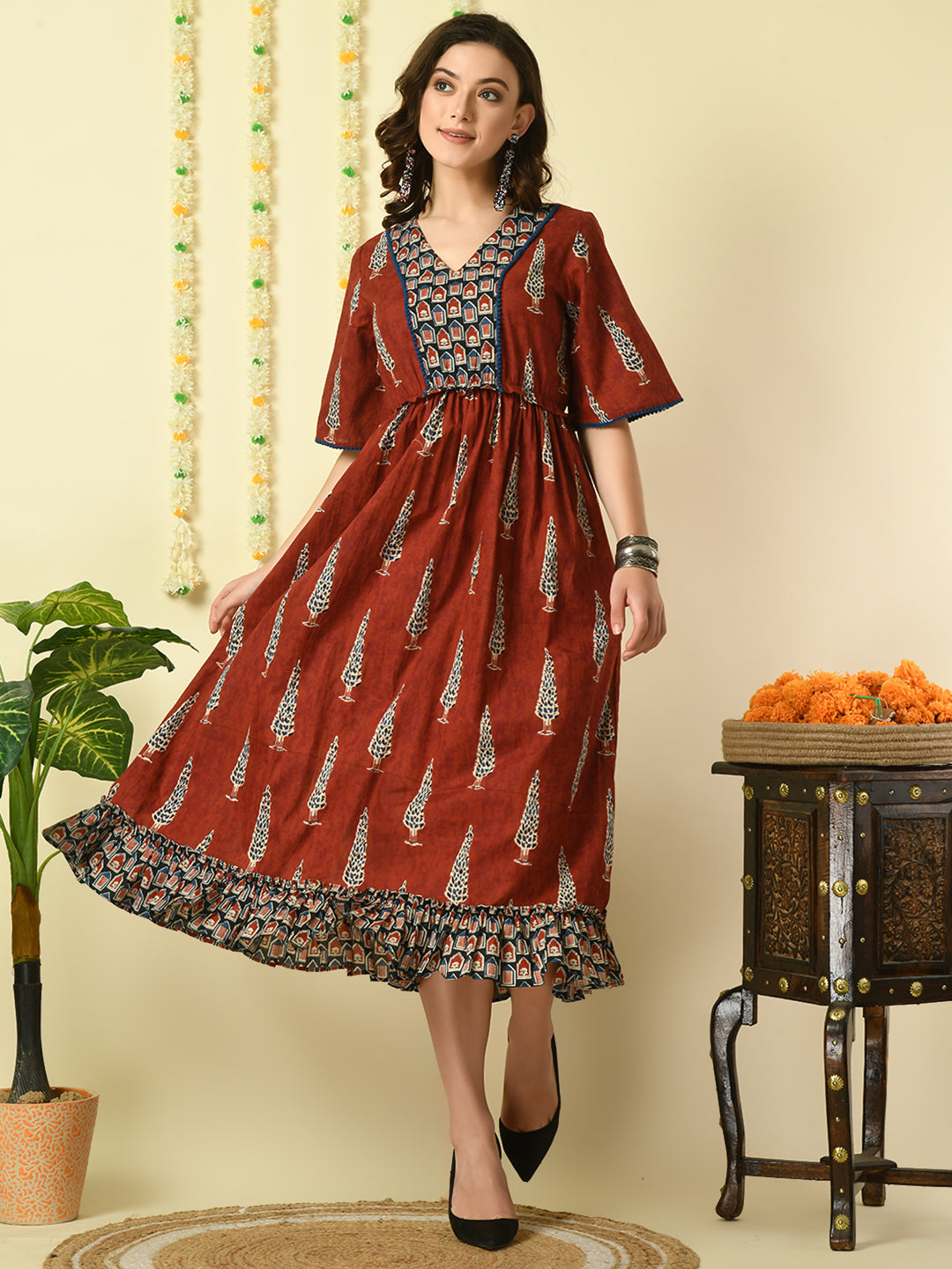 Women's Rust Printed Cotton  Party  Dress
