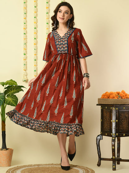 Women's Rust Printed Cotton  Party  Dress