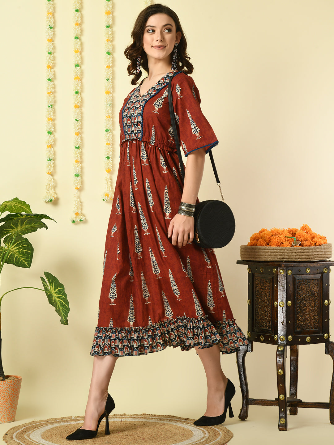 Women's Rust Printed Cotton  Party  Dress