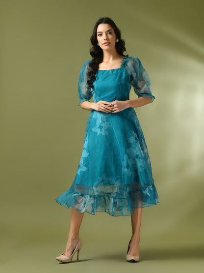 Women's  Teal Printed Square Neck Fit And Flare Party Dress