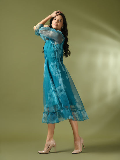 Women's  Teal Printed Square Neck Fit And Flare Party Dress