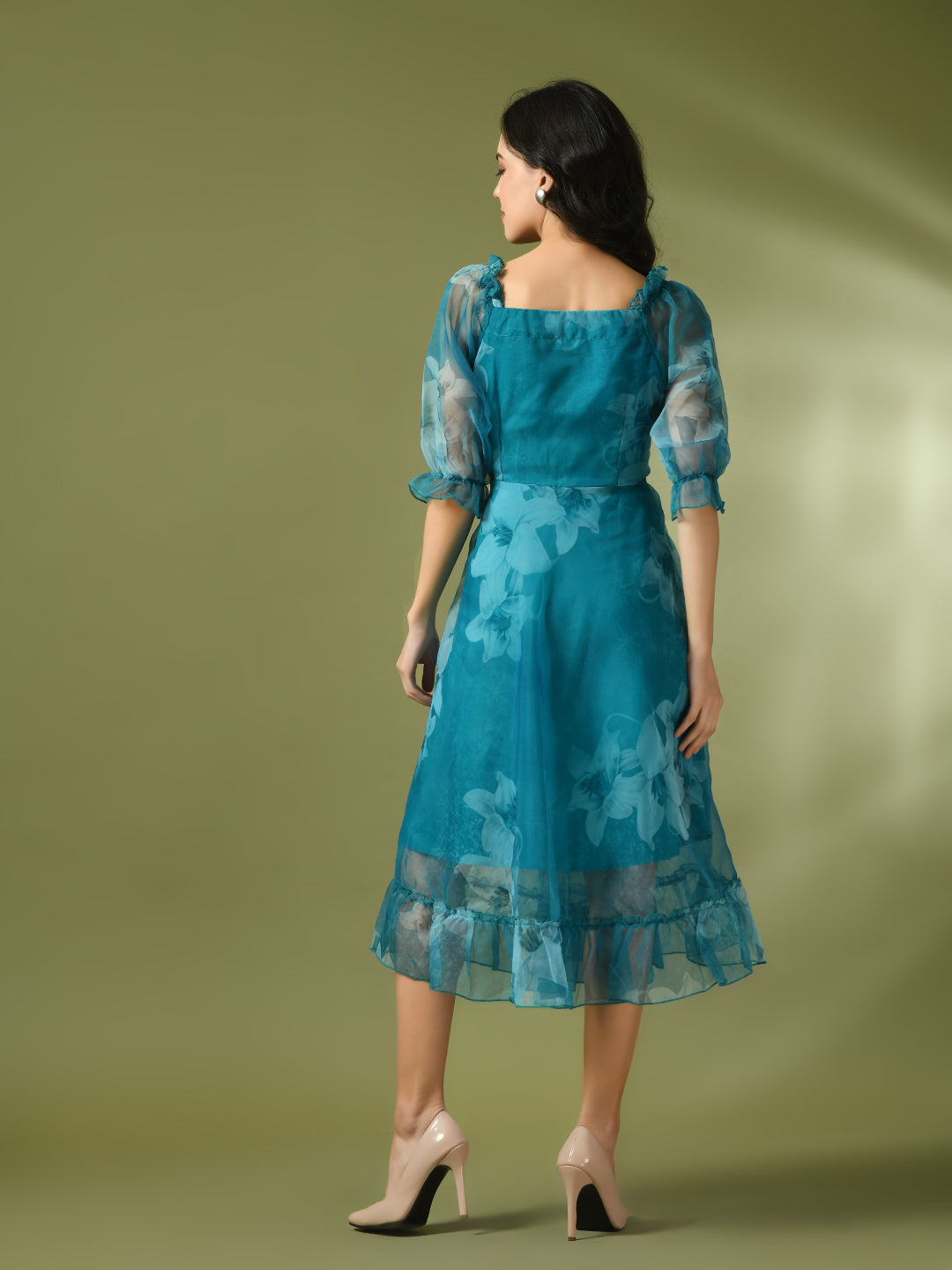Women's  Teal Printed Square Neck Fit And Flare Party Dress