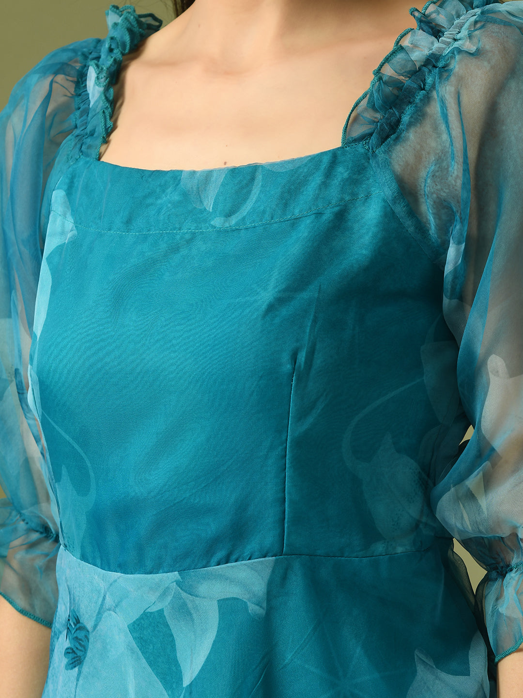Women's  Teal Printed Square Neck Fit And Flare Party Dress