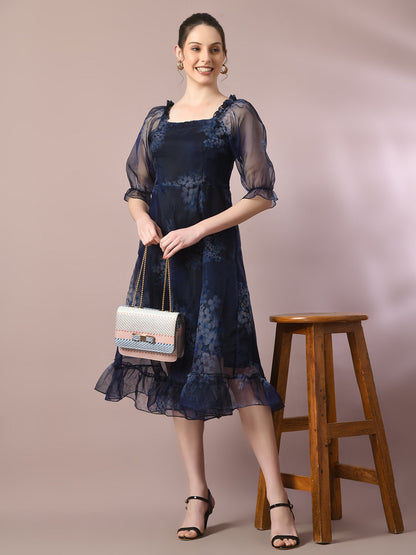 Women's  Navy Blue Printed Square Neck Fit And Flare Party Dress