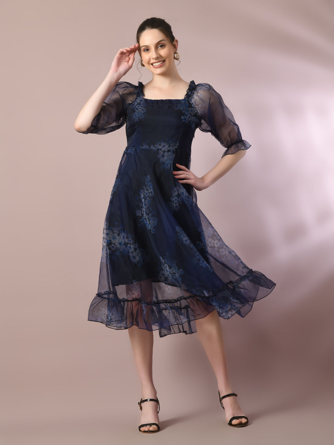 Women's  Navy Blue Printed Square Neck Fit And Flare Party Dress