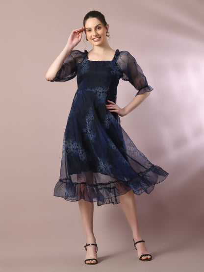 Women's  Navy Blue Printed Square Neck Fit And Flare Party Dress
