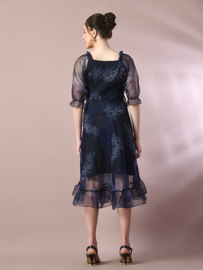 Women's  Navy Blue Printed Square Neck Fit And Flare Party Dress
