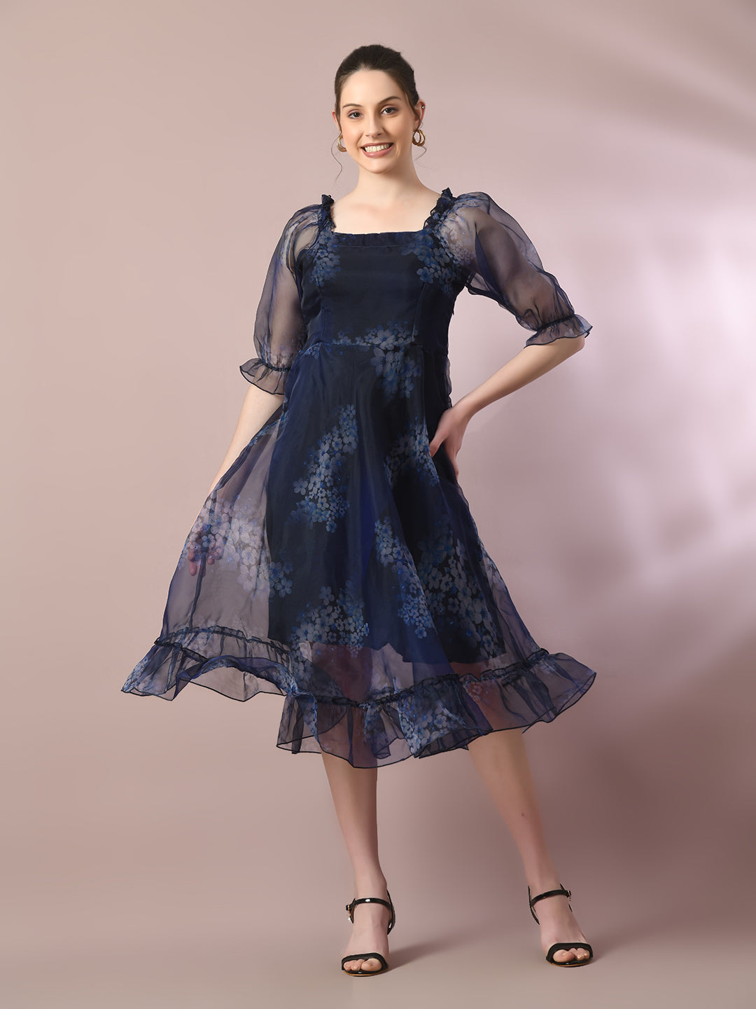 Women's  Navy Blue Printed Square Neck Fit And Flare Party Dress