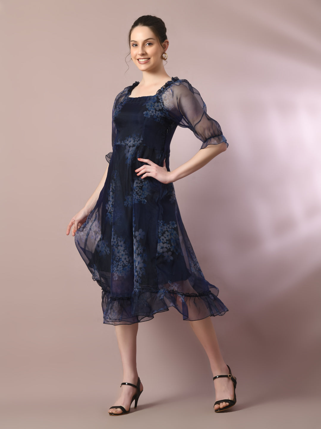 Women's  Navy Blue Printed Square Neck Fit And Flare Party Dress