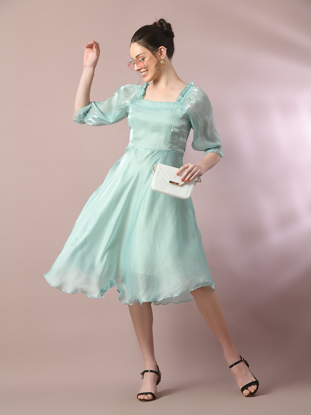 Women's  Sea Green Solid Square Neck Fit And Flare Party Dress