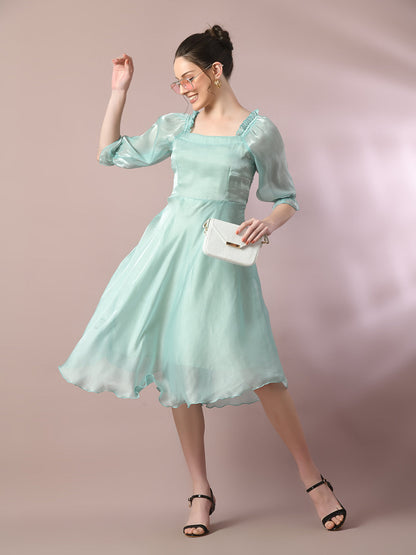 Women's  Sea Green Solid Square Neck Fit And Flare Party Dress