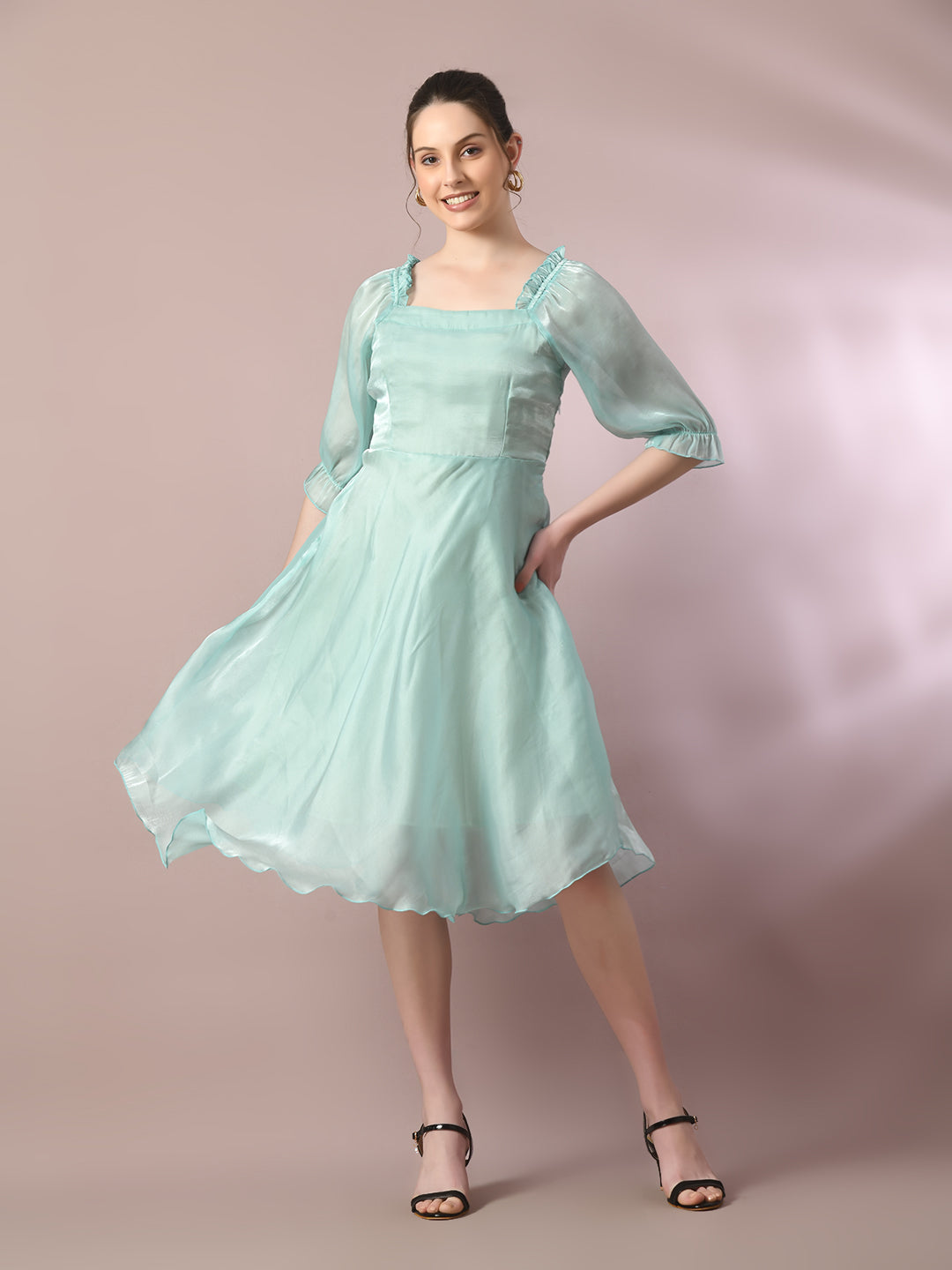 Women's  Sea Green Solid Square Neck Fit And Flare Party Dress