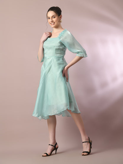 Women's  Sea Green Solid Square Neck Fit And Flare Party Dress
