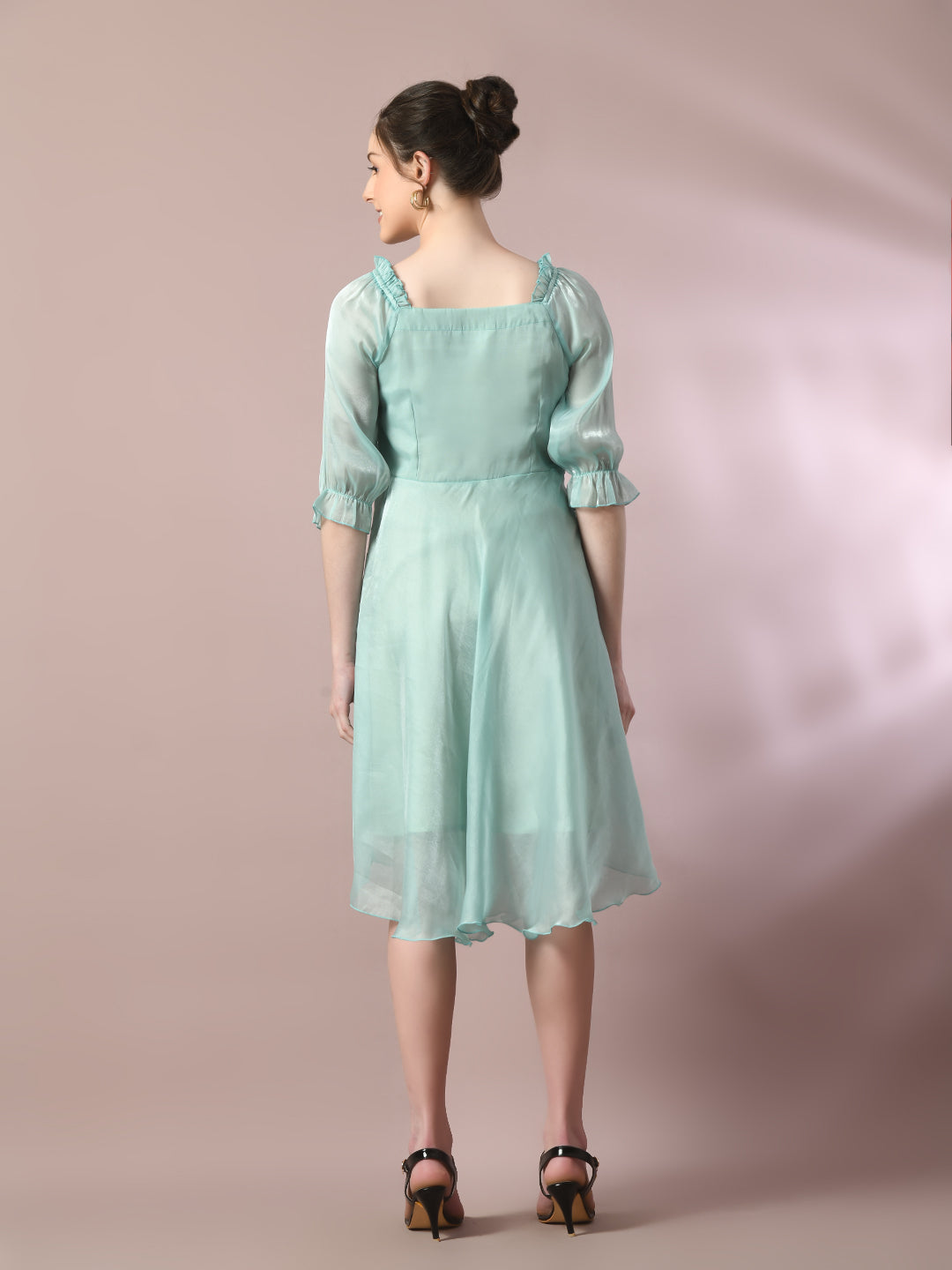 Women's  Sea Green Solid Square Neck Fit And Flare Party Dress