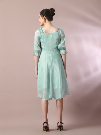 Women's  Sea Green Solid Square Neck Fit And Flare Party Dress