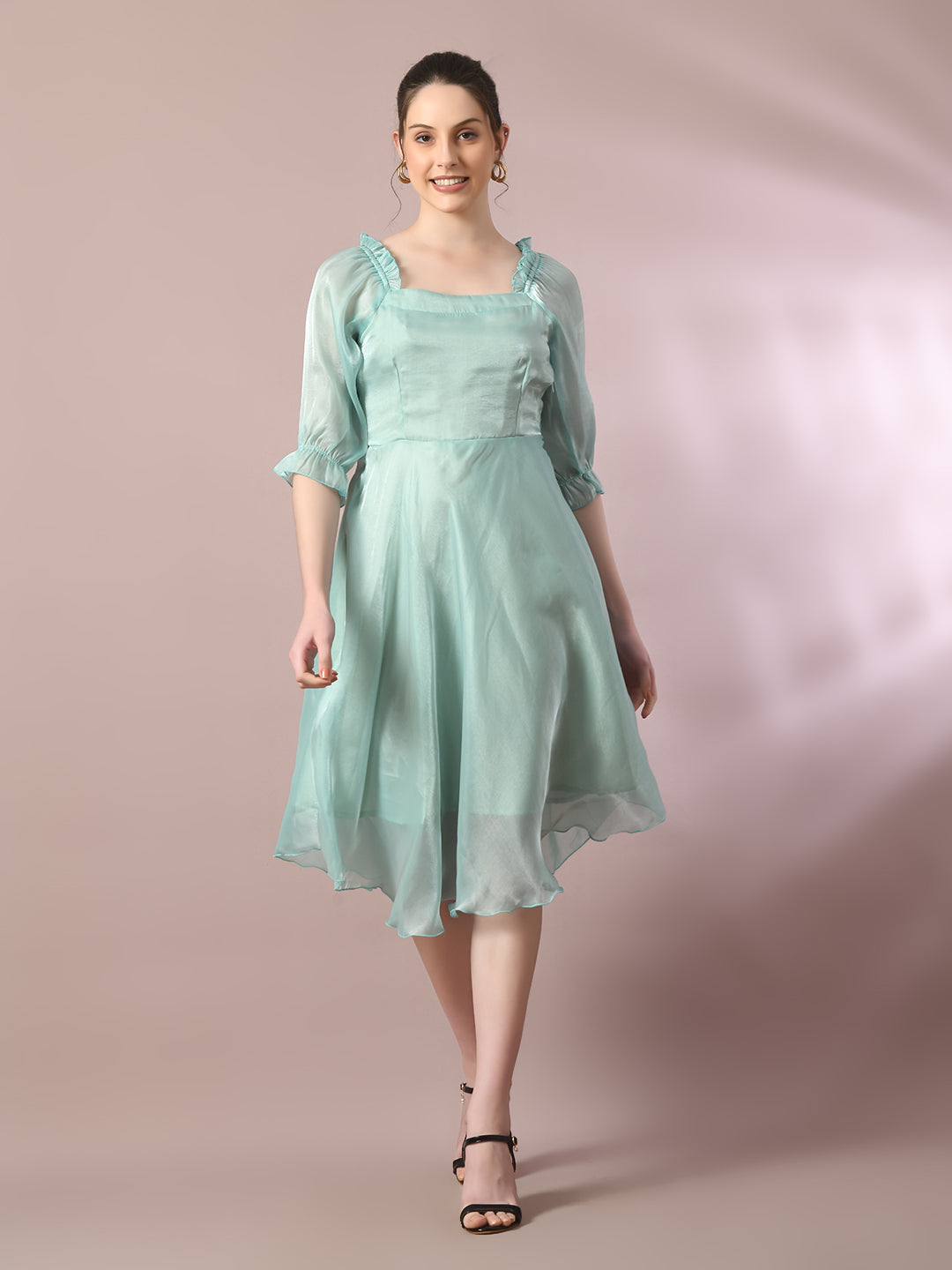 Women's  Sea Green Solid Square Neck Fit And Flare Party Dress