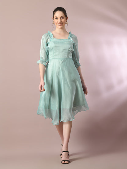 Women's  Sea Green Solid Square Neck Fit And Flare Party Dress