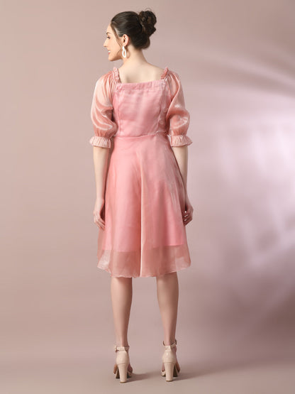 Women's  Pink Solid Square Neck Fit And Flare Party Dress