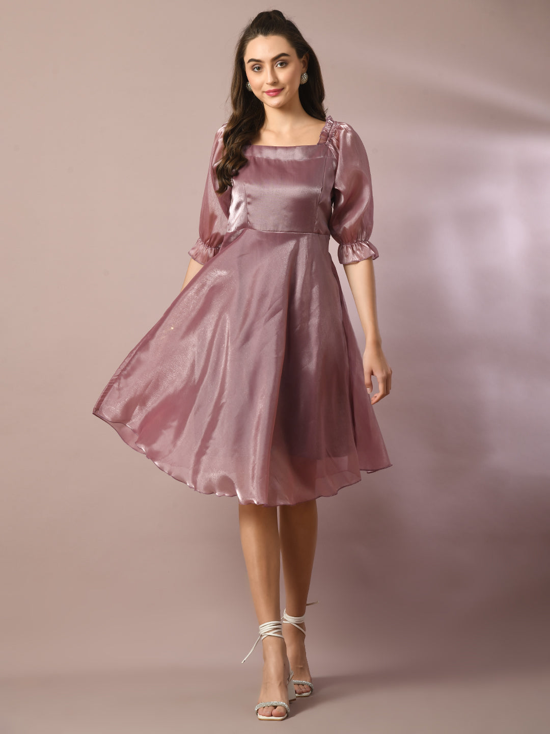 Women's  Brown Solid Square Neck Fit And Flare Party Dress