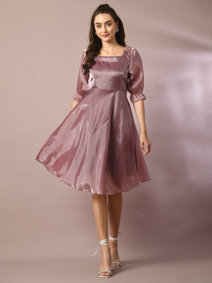 Women's  Brown Solid Square Neck Fit And Flare Party Dress